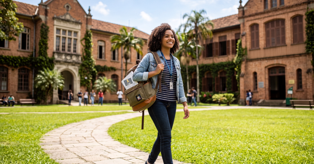 Universitária feliz por ter conseguido uma bolsa de  iniciação cientifica em parceria em outro país por ter Proficiência em Inglês.