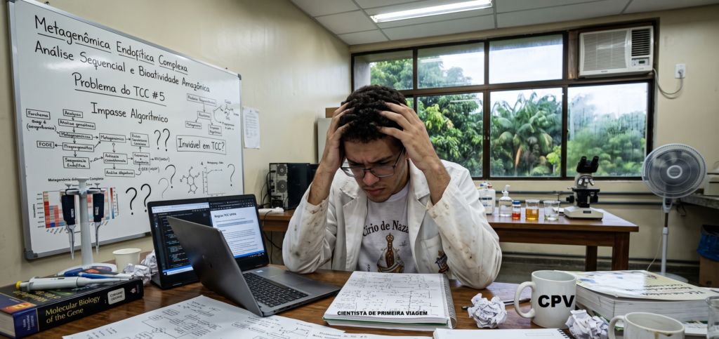 Aluno perdido com seu TCC após tentar responder muitas perguntas, sem analisar a viabilidade prática do tema de TCC antes de iniciar. 