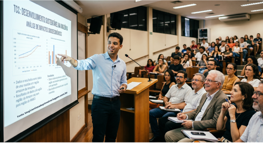 Aluno apresentando seu TCC no Canva de uma forma segura e preparada.