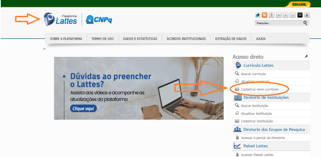 Tela inicial da Plataforma Lattes com foco no botão de cadastro para fazer o seu currículo lattes..